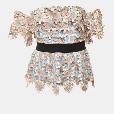 Pre-owned Self-portrait Peach Floral Applique Lace Off-the-shoulder Top M In Pink