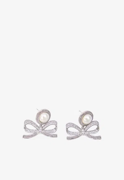 Self-portrait Pearl Bow Drop Earrings In Metallic