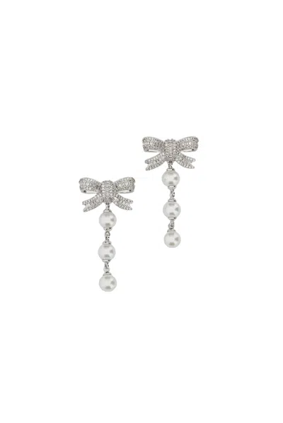 Self-portrait Pearl Droplet Earrings With Silver-toned Bow And Crystal Embellishments In Multi