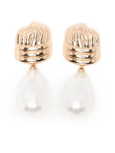 Self-portrait Pearl Earrings With Golden Knot In Green