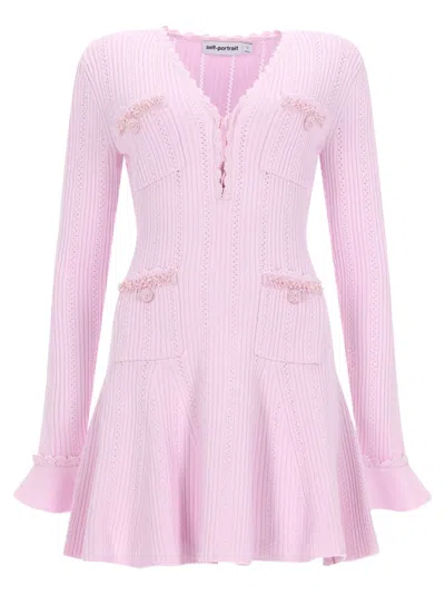 Self-portrait Neutrals Textured Knit Flared Sleeves Mini Dress In Pink
