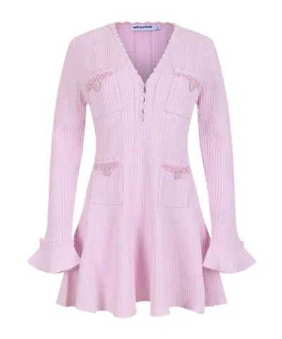 Self-portrait Neutrals Textured Knit Flared Sleeves Mini Dress In Pink