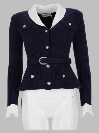 Self-portrait Pearl-trim Ribbed Knit Cardigan With Belt In Blue