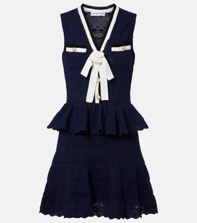 Self-portrait Peplum Pointelle Cotton-blend Minidress In Blue