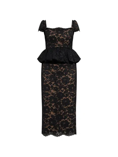Self-portrait Peplum-waist Lace-overlay Midi Dress In Black