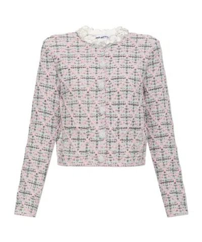 Self-portrait Pink Check Knit Cardigan In Multi
