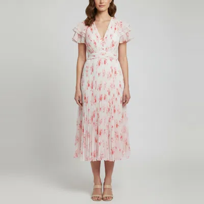Pre-owned Self-portrait Pink Chiffon Pleated Floral Print Midi Dress S