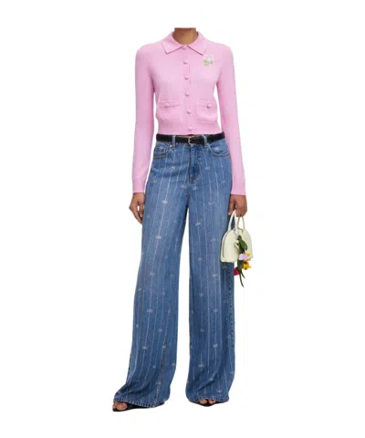 Self-portrait Pink Flower Embroidered Knit Cardigan