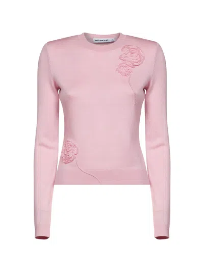 Self-portrait Pink Knit Jumper With Flowers Detail In Brown