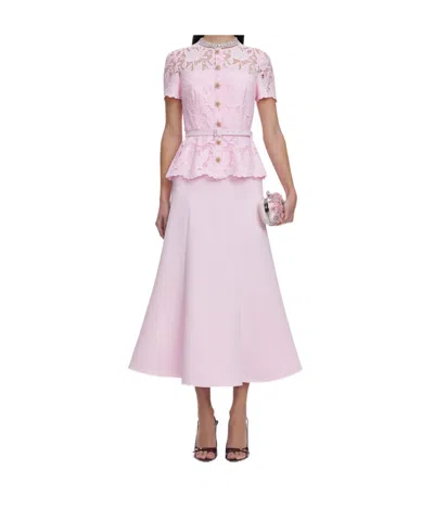 Self-portrait Pink Crepe And Lace Belted Midi Dress