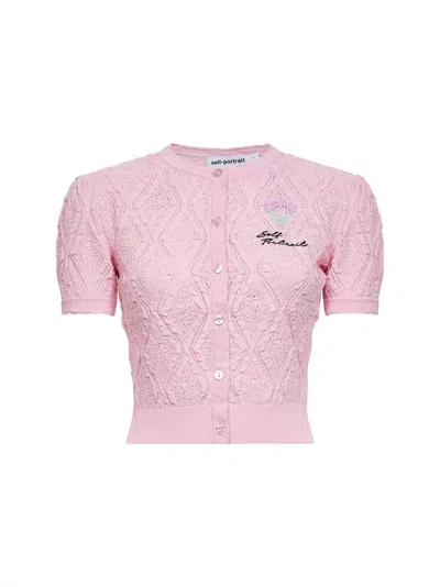 Self-portrait Flower Embroidery Cropped Cardigan In Pink