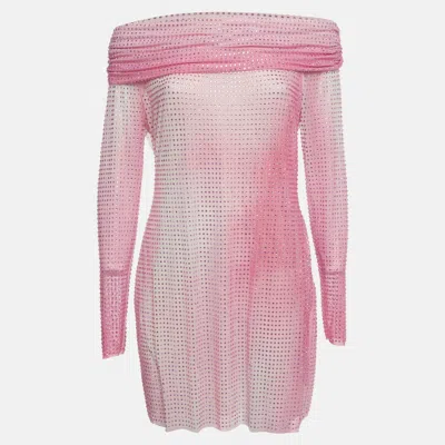 Pre-owned Self-portrait Pink Rhinestone Embellished Mesh Knit Mini Dress L