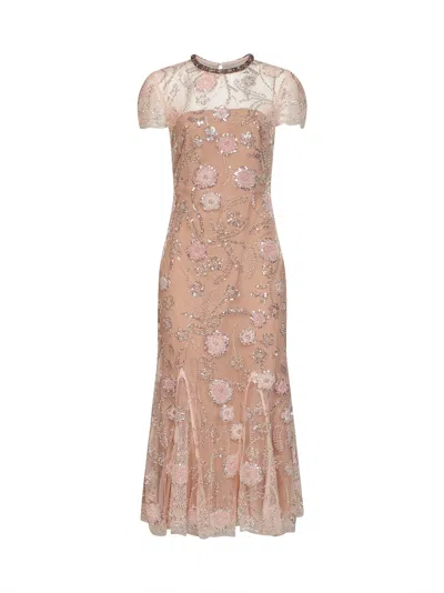 Self-portrait Pink Sequin Flower-embroidered Tulle Midi Dress In White