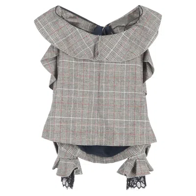 Self-portrait Plaid Frill Off-shoulder Blouse In Grey Wool In Gray