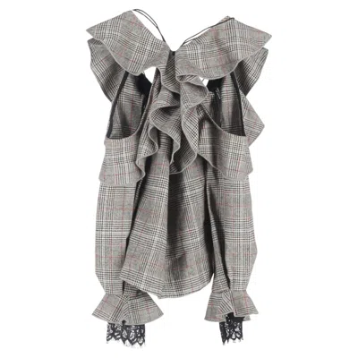 Pre-owned Self-portrait Plaid Frill Off-shoulder Blouse In Grey Wool In Gray