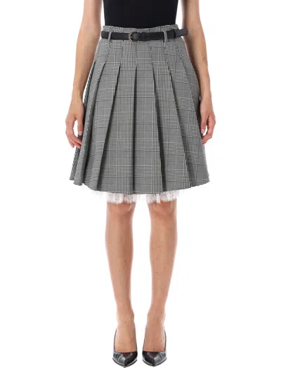 Self-portrait Plaid Midi Skirt With Belted Waist And Contrast Trim In Black