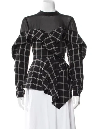 Pre-owned Self-portrait Plaid Print Mock Neck Blouse In Black
