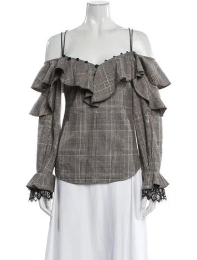 Pre-owned Self-portrait Plaid Print Off-the-shoulder Blouse In Neutral