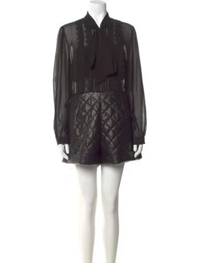 Pre-owned Self-portrait Plaid Print Tie Neck Romper In Black