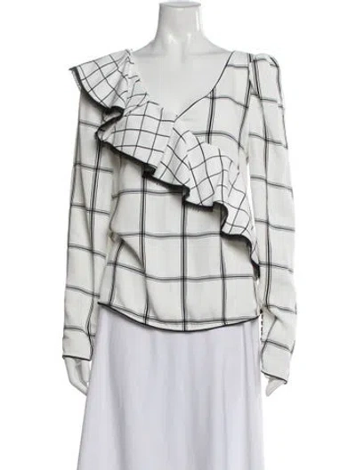 Pre-owned Self-portrait Plaid Print V-neck Blouse W/ Tags In White