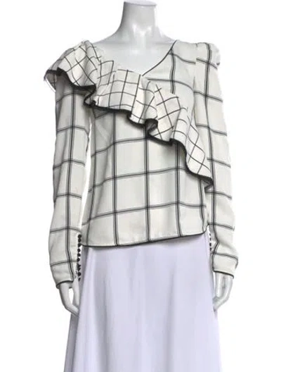 Pre-owned Self-portrait Plaid Print V-neck Blouse In White