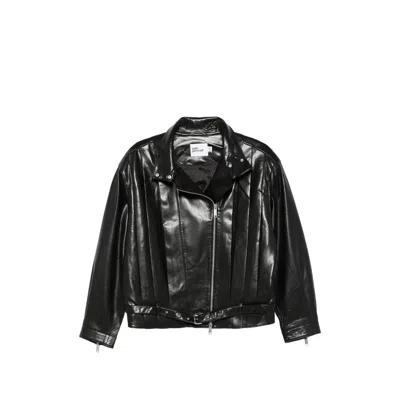 Self-portrait Pleated Collar Faux Leather Jacket In Black