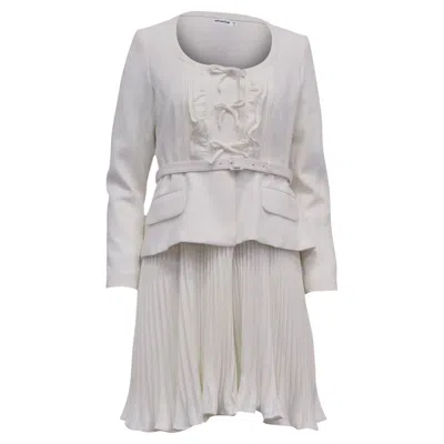 Pre-owned Self-portrait Pleated Crepe Belted Peplum Midi Dress In White Polyester