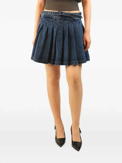 Pre-owned Self-portrait Pleated Denim Mini Skirt In Blue