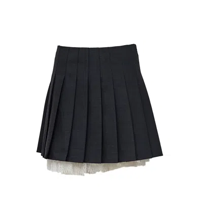 Self-portrait Pleated Grey Mini Skirt With Lace Trim And Concealed Zipper In Black
