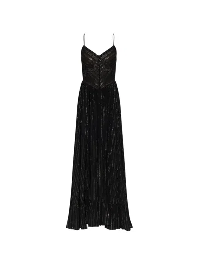 Self-portrait Pleated Lace-trim Maxi Dress In Black