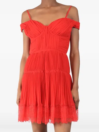 Pre-owned Self-portrait Pleated Lace-trim Mini Dress In Red