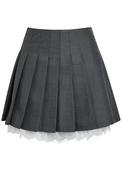 Self-portrait Pleated Lace-trim Woven Mini Skirt In Gray