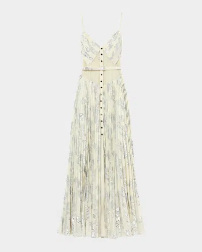 Self-portrait Pleated Metallic Floral Maxi Dress In Yellow