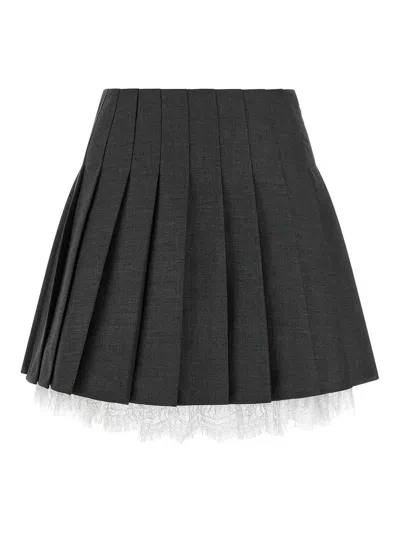 Self-portrait Lace-trim Pleated Mini Skirt In Gray