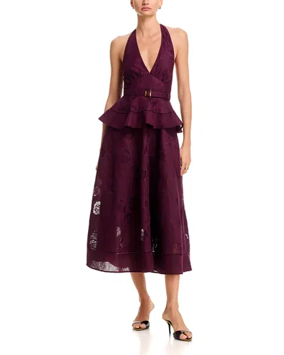 Self-portrait Plum Linen Blend Peplum Midi Dress In Burgundy