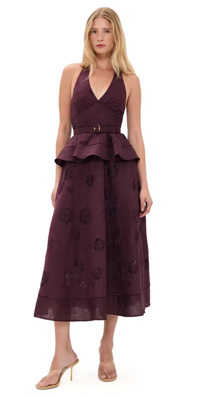Self-portrait Belted Broderie Anglaise-trimmed Linen And Cotton-blend Peplum Midi Dress In Burgundy