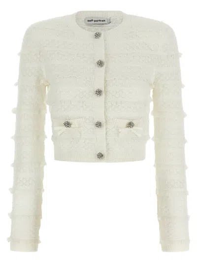 Self-portrait Pointelle Diamante Cardigan In White