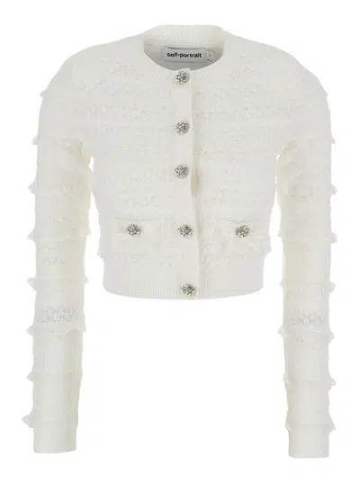 Self-portrait Pointelle Diamante Knit Cardigan In White