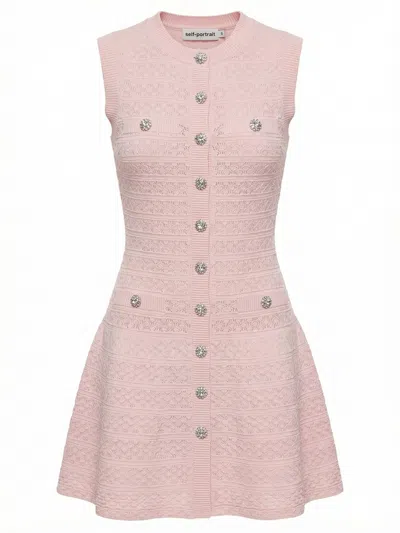 Self-portrait Pointelle Diamante Knit Mini Dress In Pink