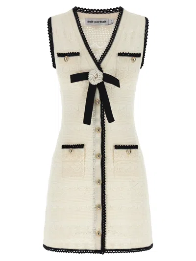 Self-portrait Pointelle Knit Bicolor Dress In White