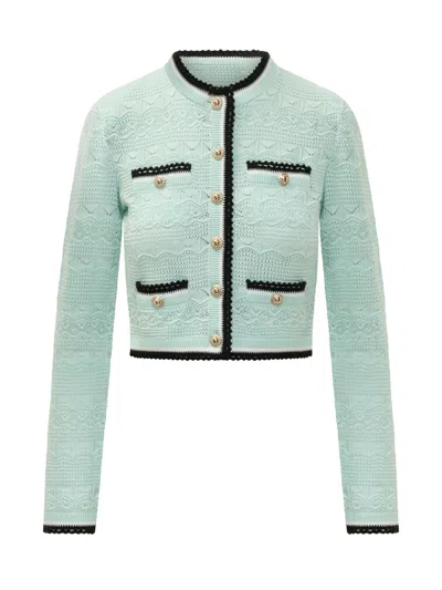 Self-portrait Pointelle Knit Cardigan In Green