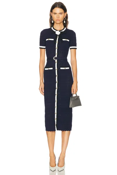 Self-portrait Pointelle Knit Midi Dress With Decorative Pin And Four Pockets In Blue