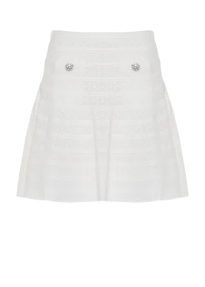 Self-portrait Pointelle Knit Mini Skirt With Flared Silhouette And Decorative Pockets In White