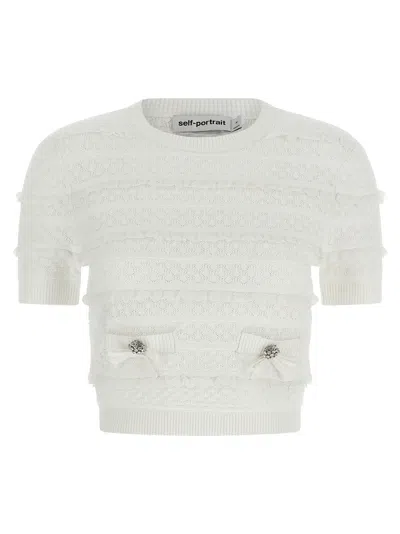 Self-portrait Pointelle Knit Tops White In Neutral
