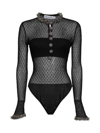 Self-portrait Pointelle Knit With Bead Detail Bodysuit In Black