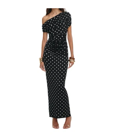 Self-portrait Polka Dot Draped Knit Midi Dress In Black & White