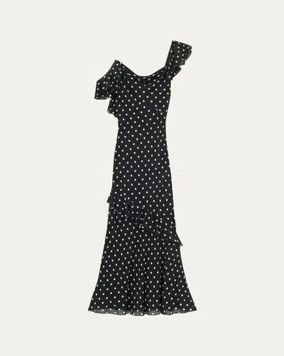 Self-portrait Long Dress Black Polka Dot With V-neck In Black Georgette For Women