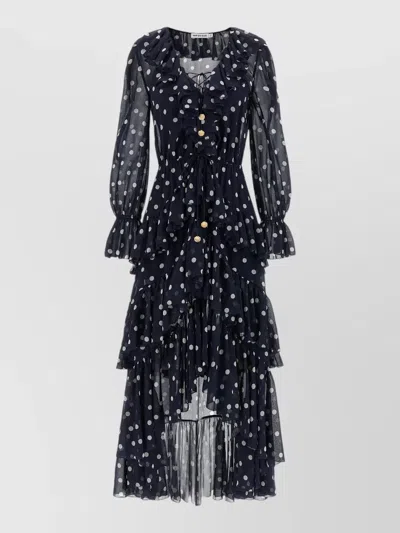 Self-portrait Polka Dot Georgette Maxi Dress Ruffle Detail In Black