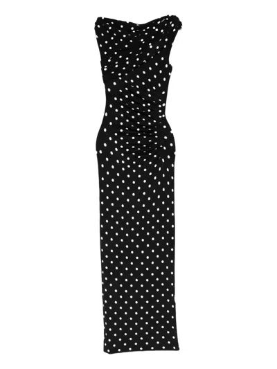 Self-portrait Polka Dot Knit Midi Dress With Asymmetrical Neckline - Size S In Black