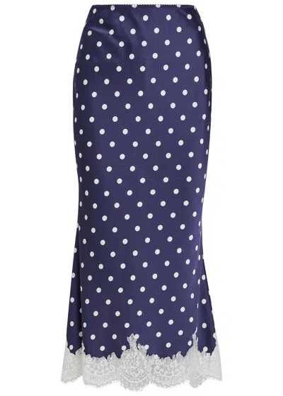 Self-portrait Polka Dot Lace-trim Satin Midi Skirt In Blue